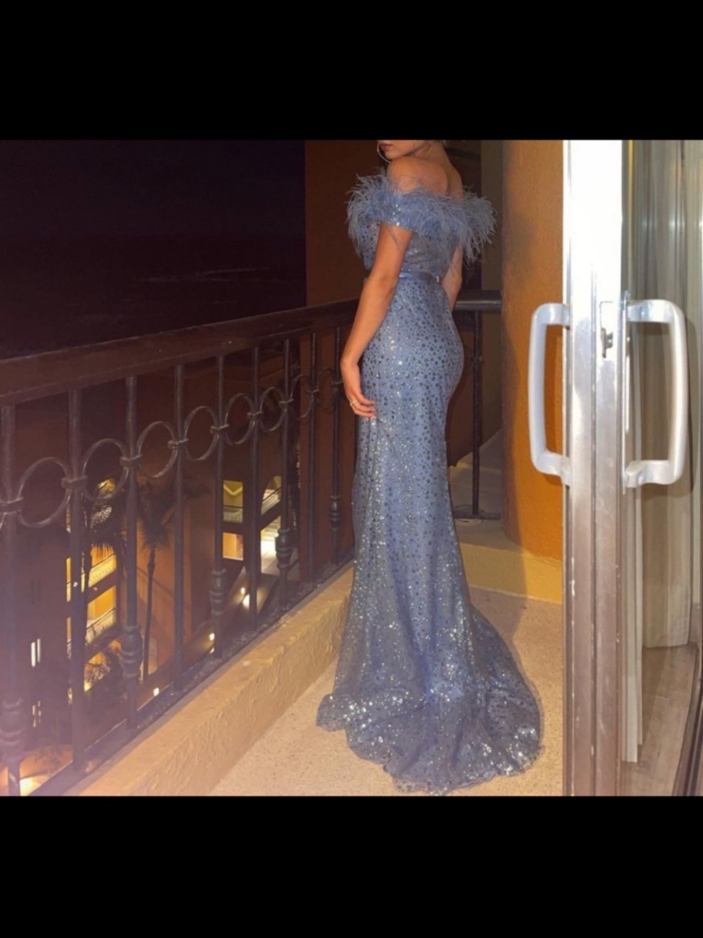 Cinderella Divine Blue Feather-Trim Sequin Off-Shoulder Dress